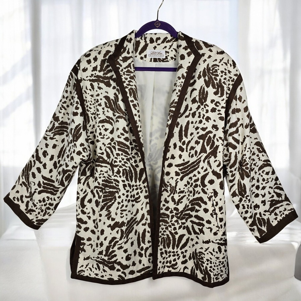 VTG Lilli Ann Collections Womens Blazer Jacket Animal Print Brown White Size 12